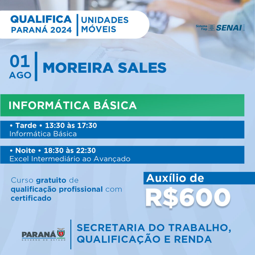 Inscrições para o curso de Informática Básica e Excel iniciam nesta segunda na Agência do Trabalhador com Bolsa no Valor de 600,00 Reais